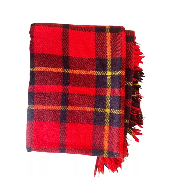 Faribo Wool Blanket 53x40 Plaid Fringed Red Black Made In USA 100% Acrylique - Picture 2 of 3
